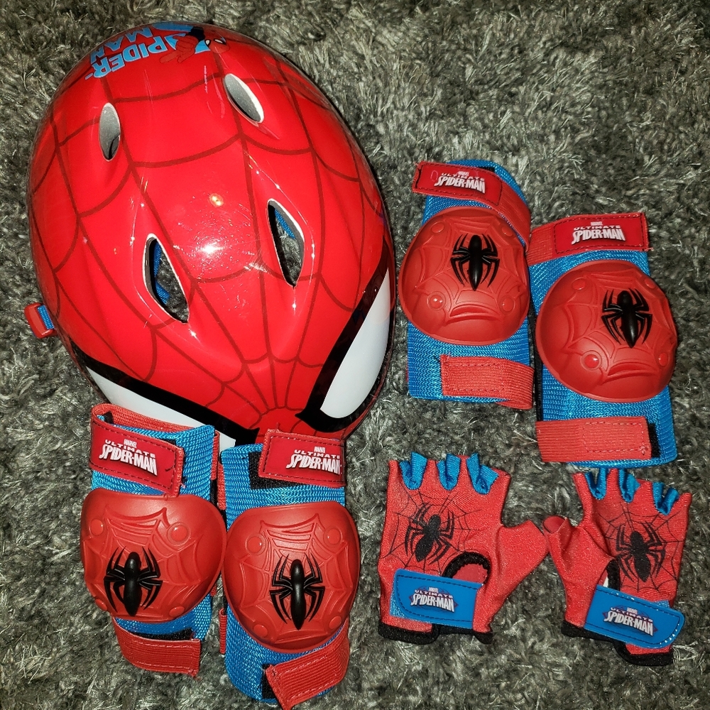 Spiderman helmet, knee/elbow pads, and gloves